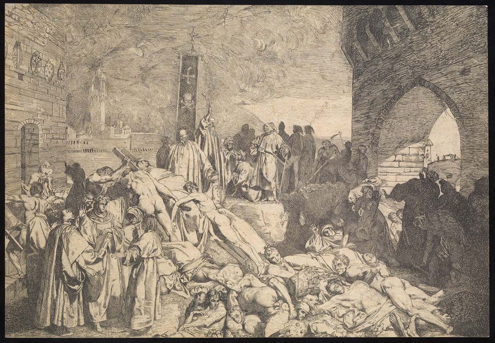 A monochrome etching of a crowded city scene during the plague.