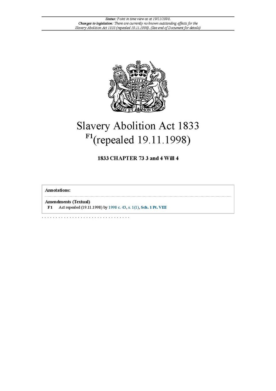 A modern statute title sheet with the title Slavery Abolition Act 1833 and a 1998 repeal annotation.