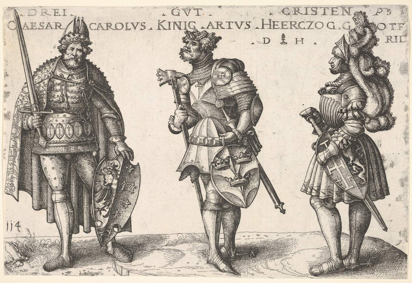 A woodcut showing three armored Christian rulers, including Charlemagne.