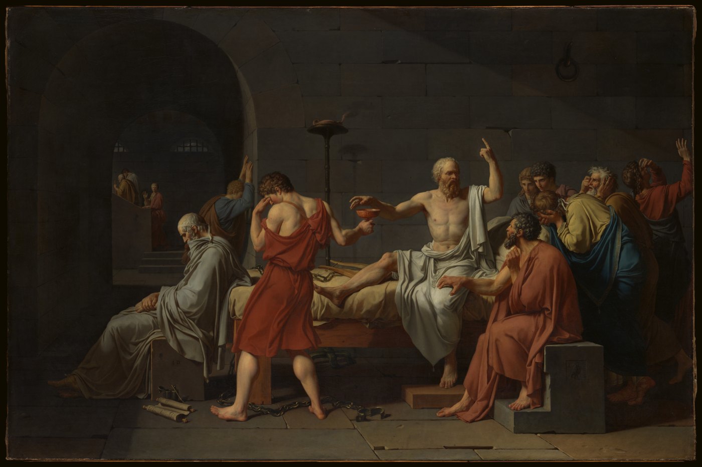 A painting of Socrates seated on a bed, reaching toward a cup among mourners.