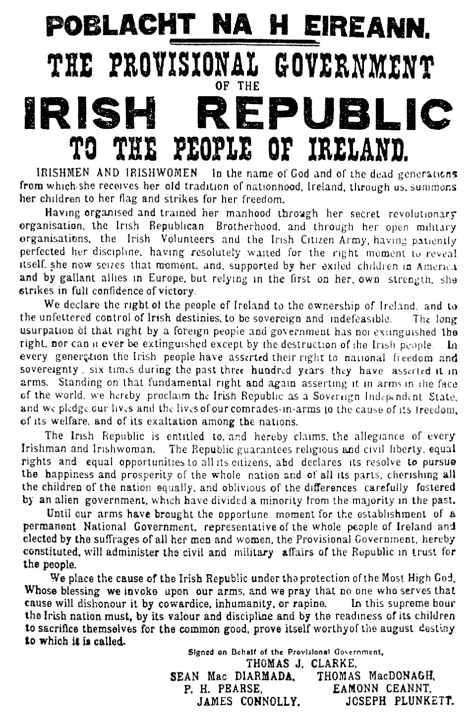 黑白印刷宣言，页首为“爱尔兰共和国”，下方列出七位签署者的姓名。