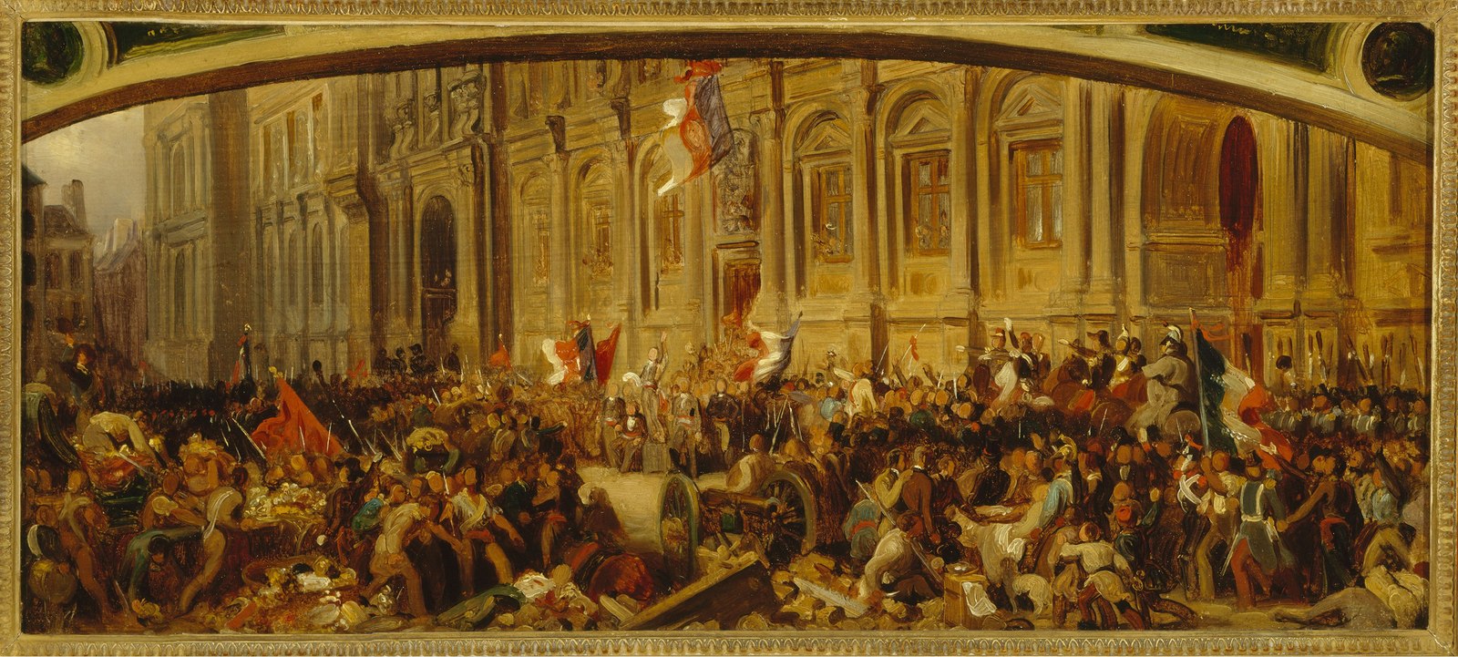 Oil painting of a crowd, flags, a cannon and barricades outside the Paris Hôtel de Ville, with Lamartine speaking on the steps.