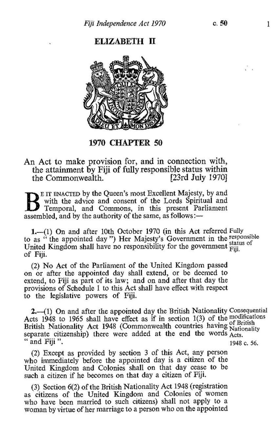 A scanned page headed Fiji Independence Act 1970, with the first statutory section beneath the Royal Arms