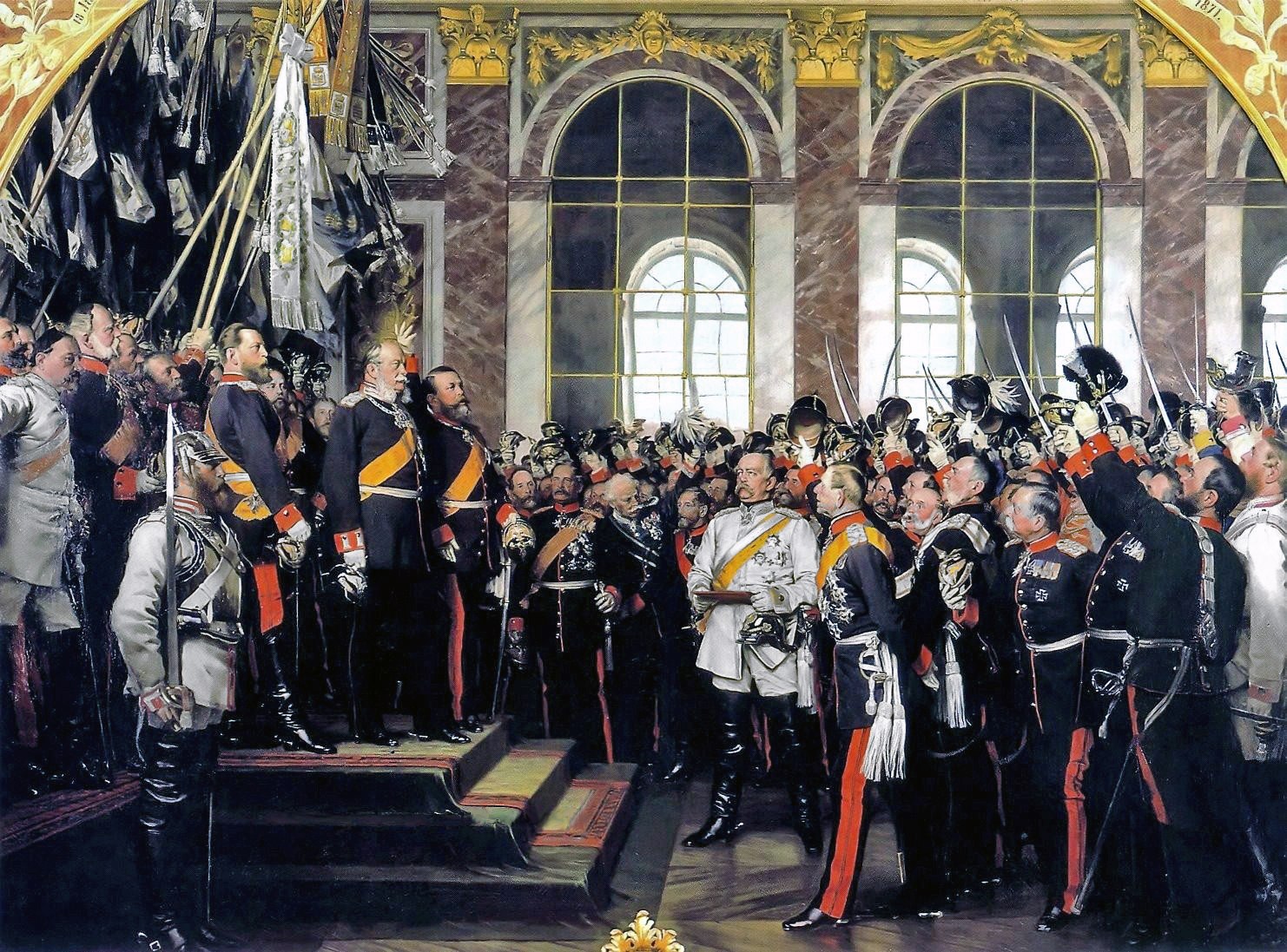 An 1885 painting shows Wilhelm I on a raised platform and Bismarck in a white uniform among officers in the Hall of Mirrors at Versailles.