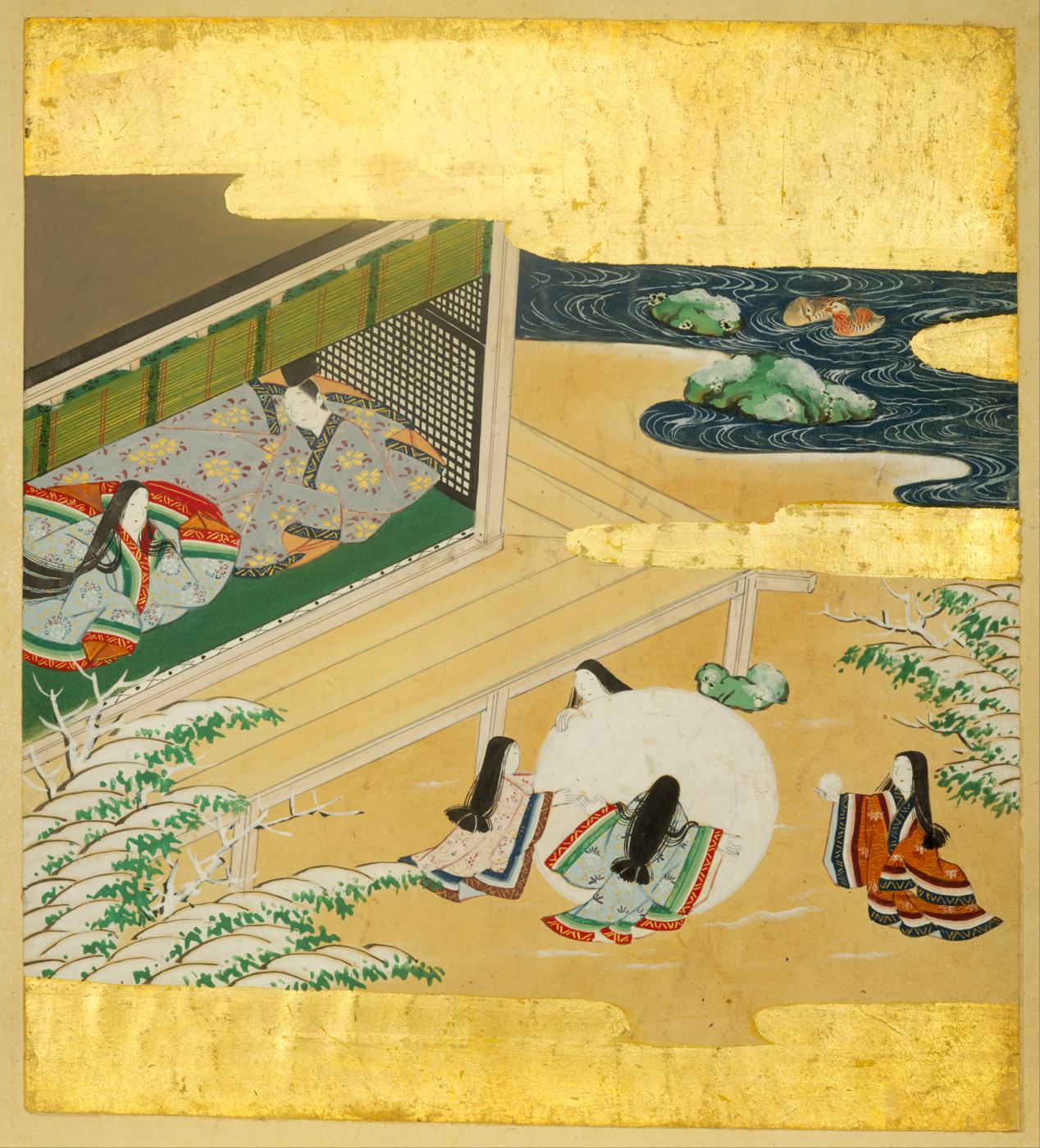 An illustrated album leaf with figures in an interior and decorative clouds.