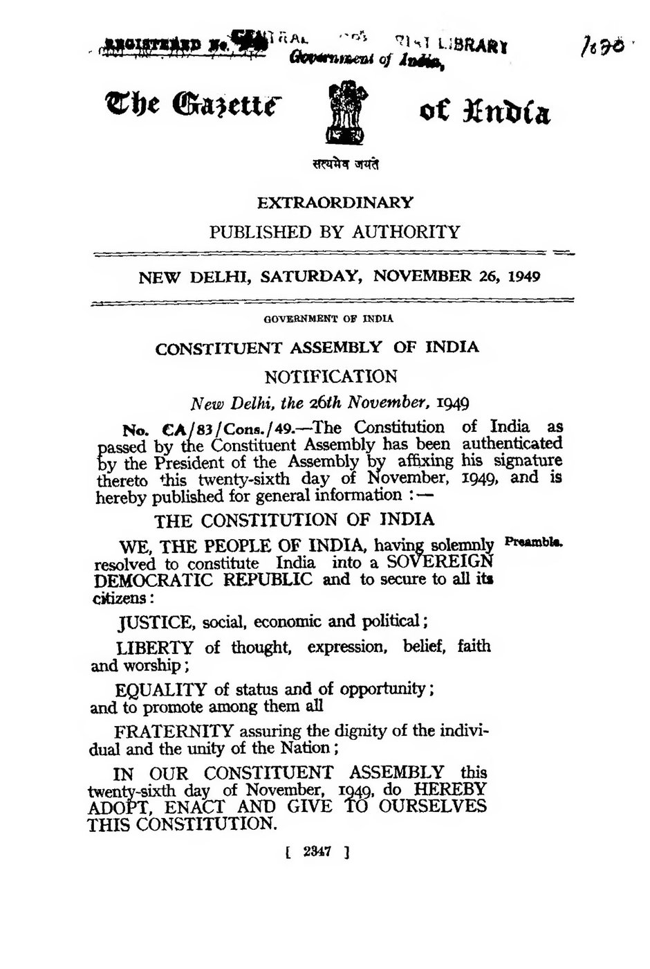 India’s Constitution in the 1949 Gazette