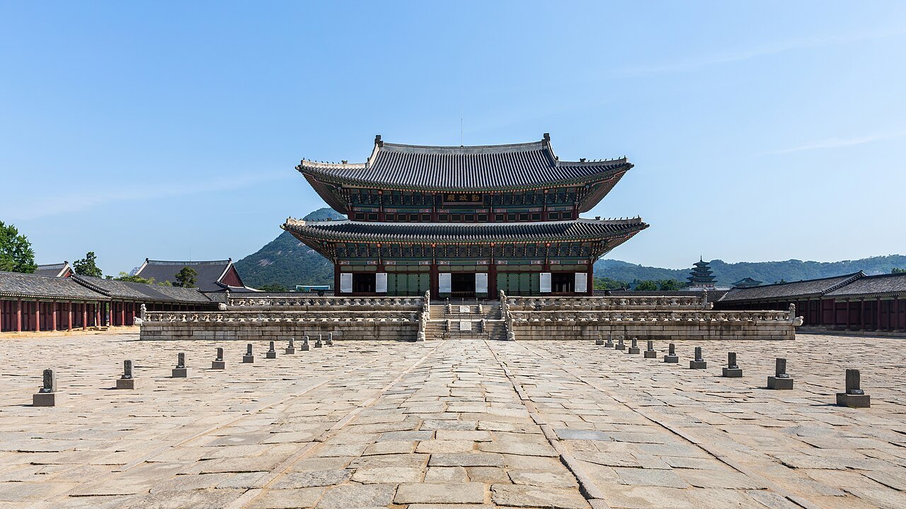 The two-storey throne hall standing above a broad stone courtyard.