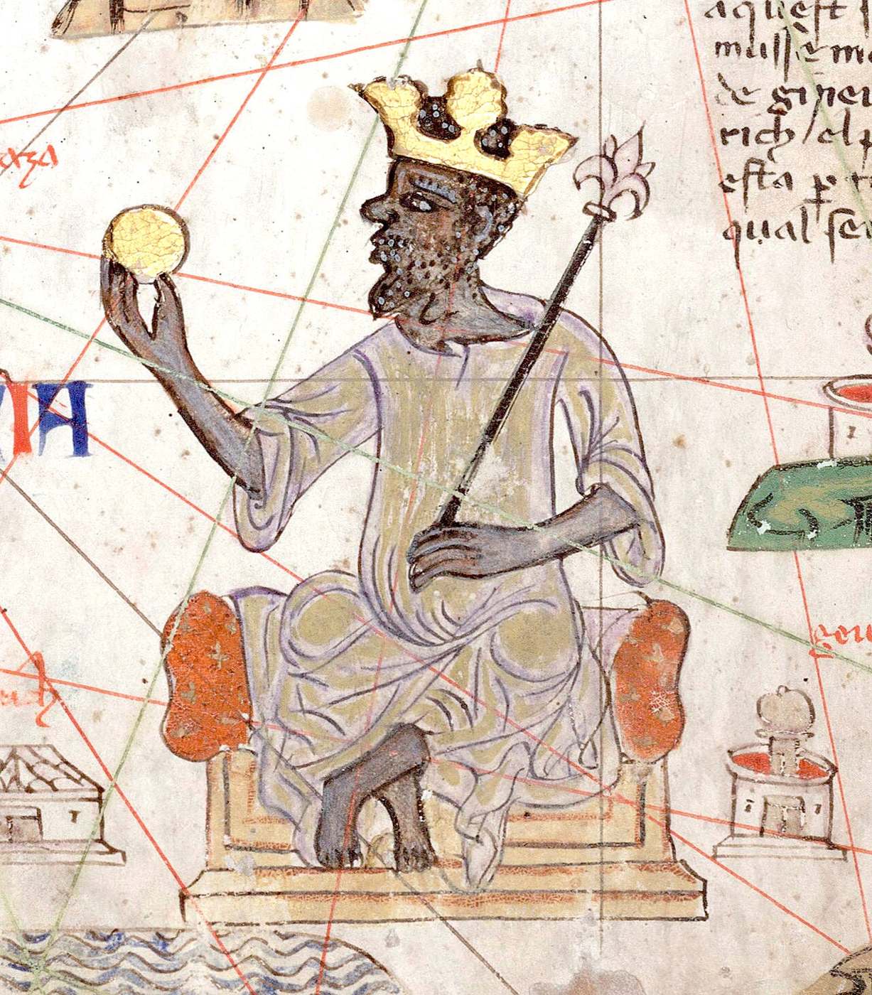 A crowned ruler seated with a gold object against a medieval map.