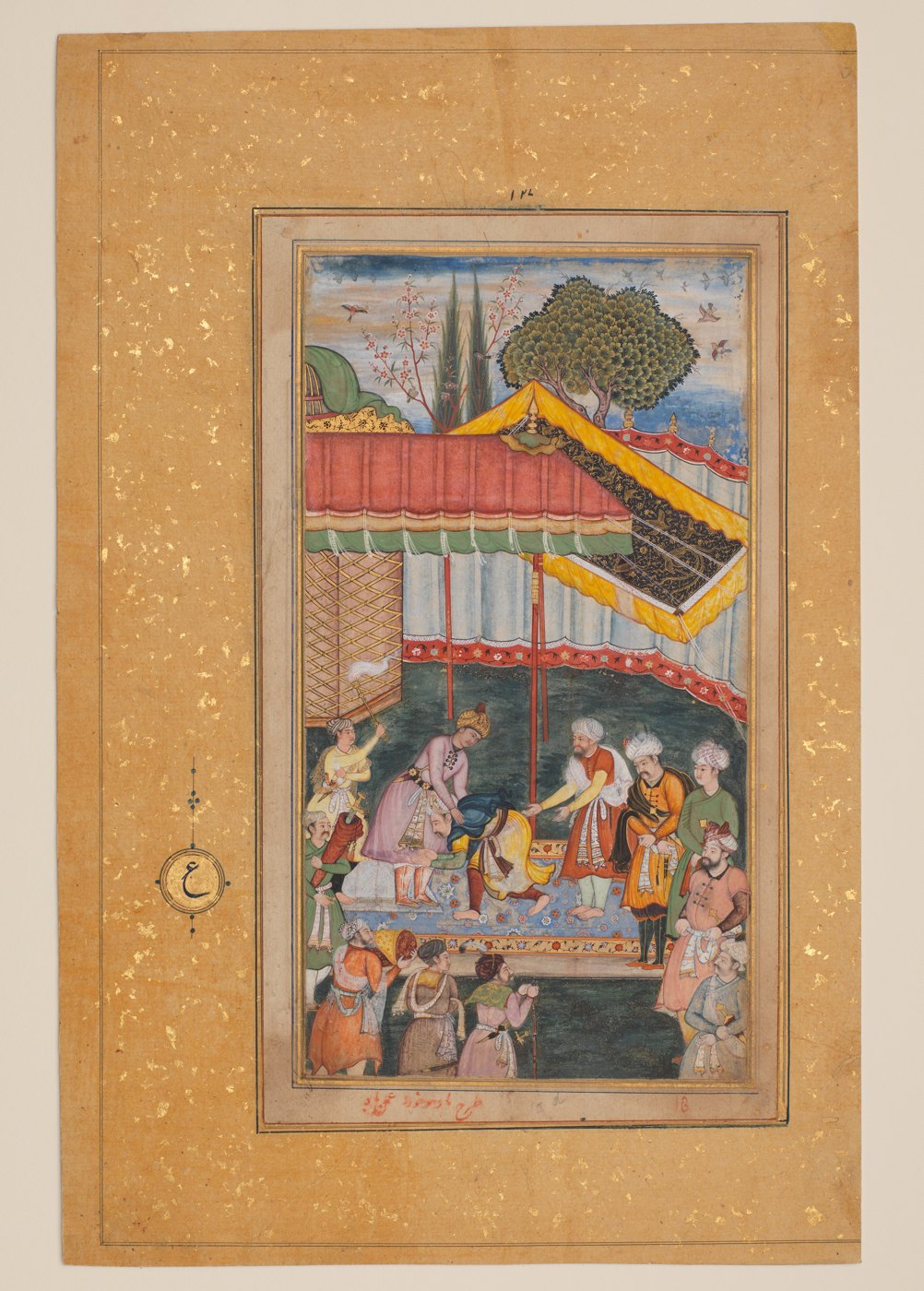 A manuscript painting of Babur and attendants receiving a bowing visitor.