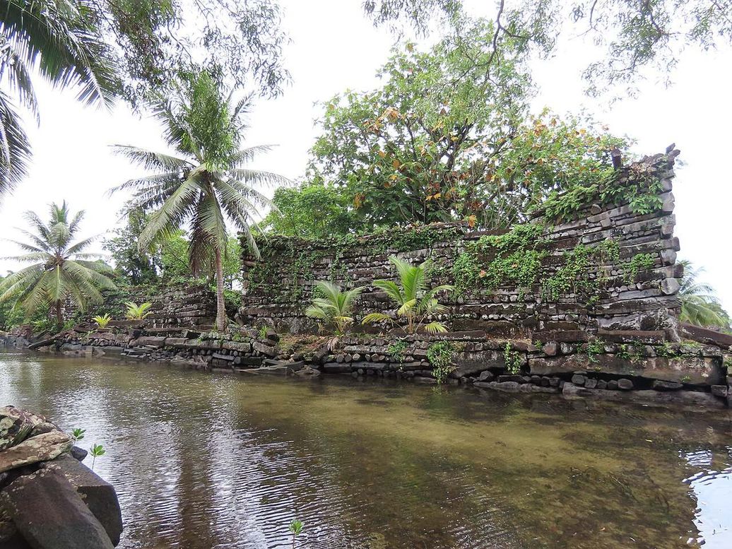 Large horizontal basalt blocks forming a wall at Nan Madol.