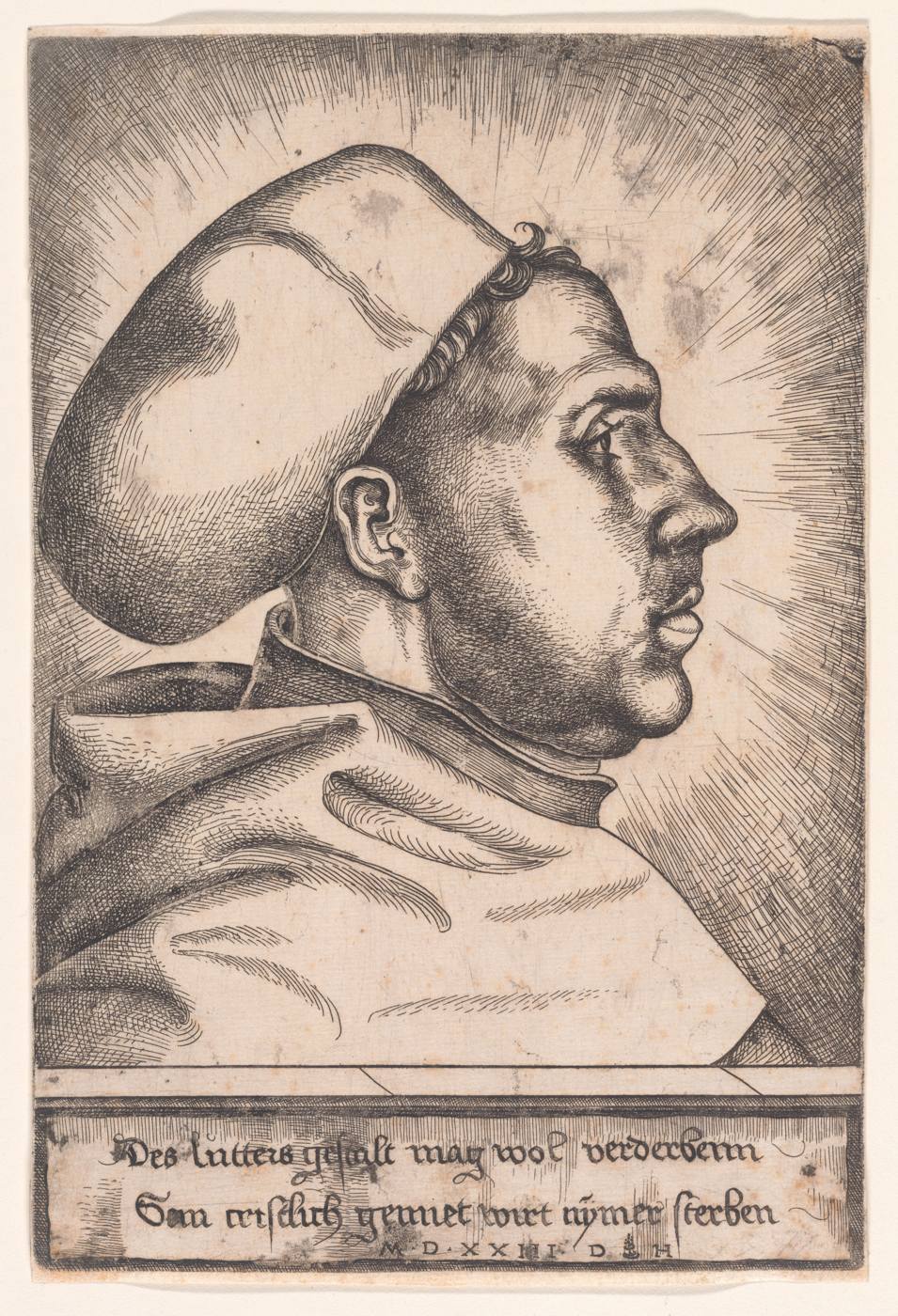 A monochrome printed portrait of Martin Luther.