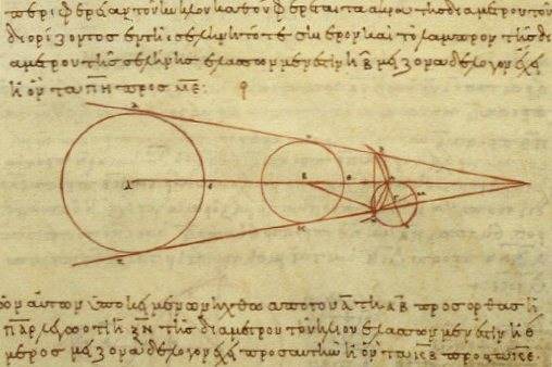 Ancient Greek text and geometrical diagrams of the distances of the Sun and Moon.