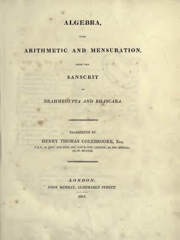 Title page of the 1817 English translation of mathematical works by Brahmagupta and Bhaskara.