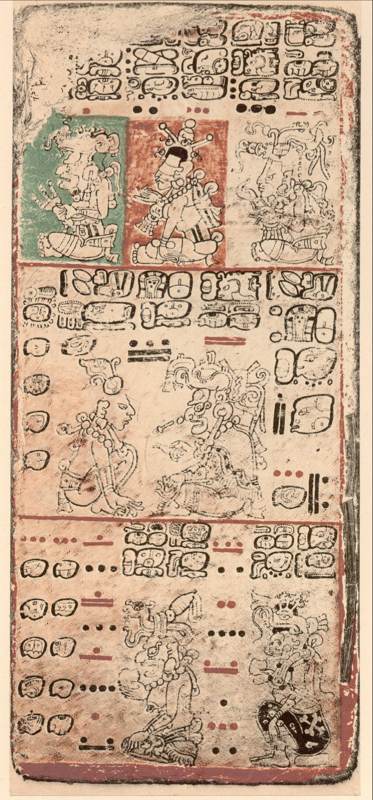 Deities and written signs on a page of a Maya codex.