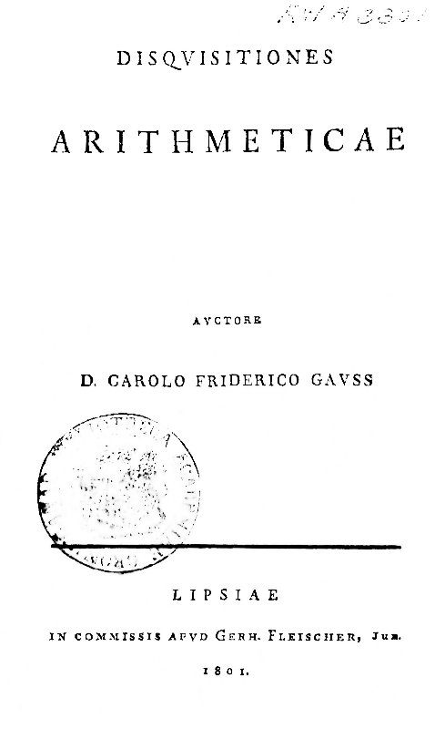 Portada en latín con el nombre de Gauss y el pie de imprenta de 1801