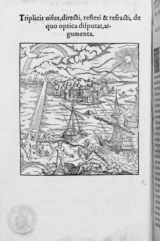 Buildings, figures and mirrors in an illustration from a sixteenth-century book on optics.