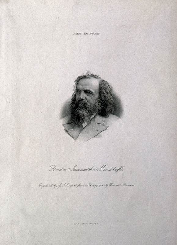 Engraved portrait of Mendeleev.