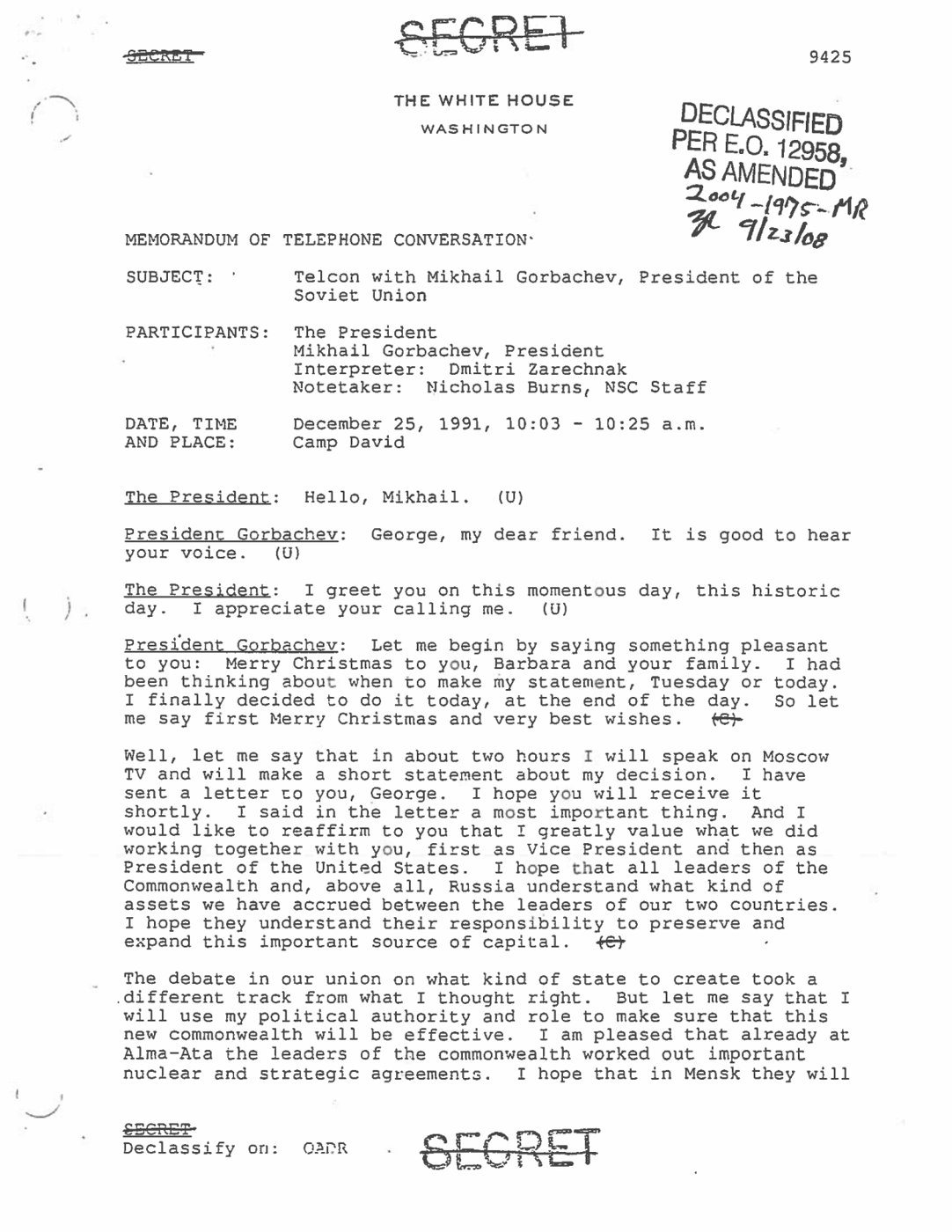First page of a declassified White House memorandum headed Telephone Conversation, dated 25 December 1991