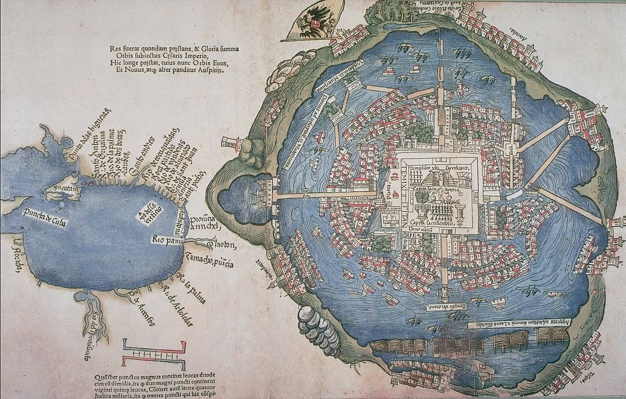 A colored woodcut plan showing a lake city connected by causeways.