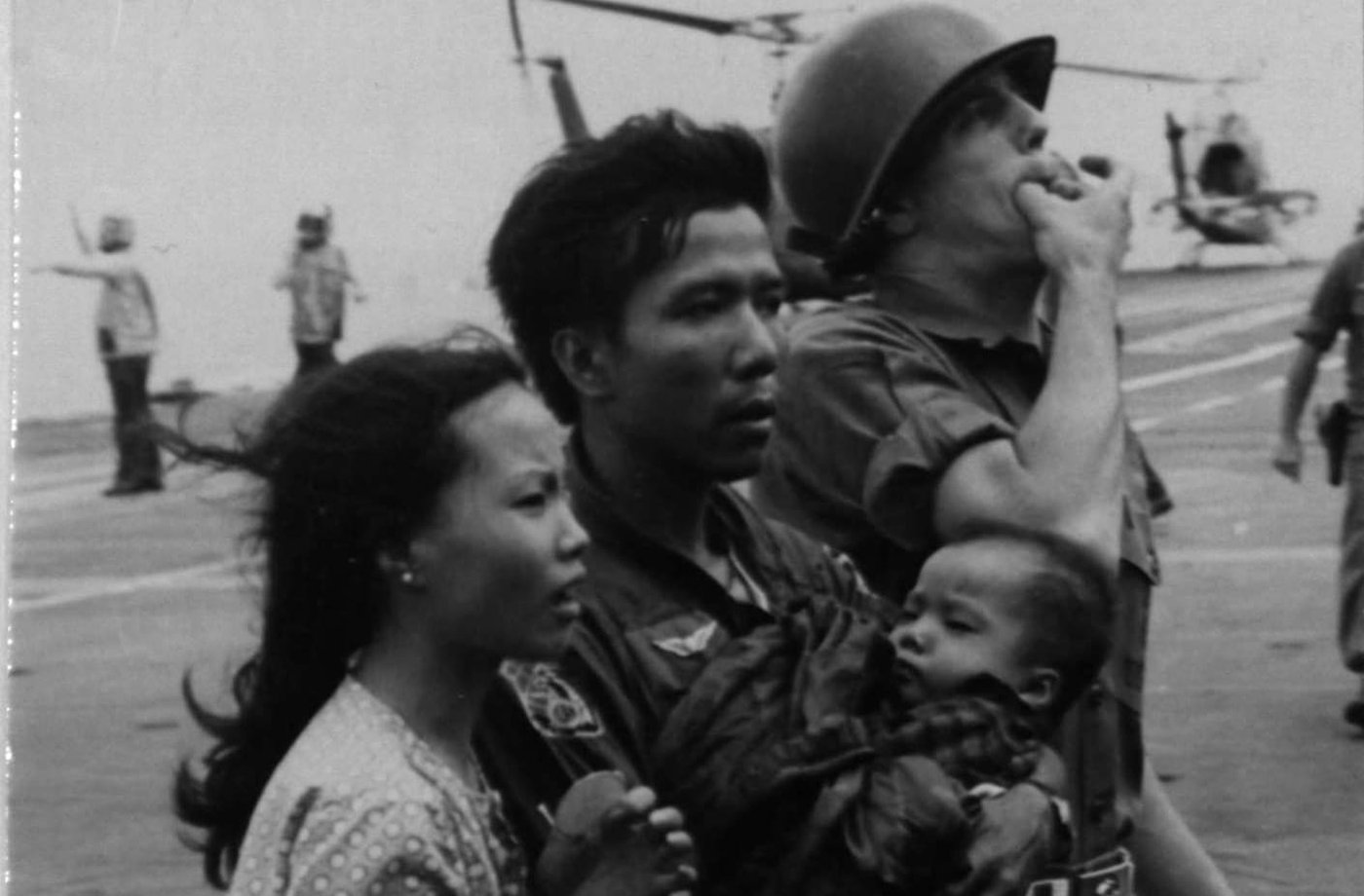 Evacuees aboard USS Hancock during Frequent Wind