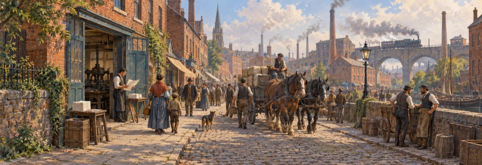 An imagined nineteenth-century industrial street: a printing shop, pedestrians, carts and a distant steam railway form one continuous scene.